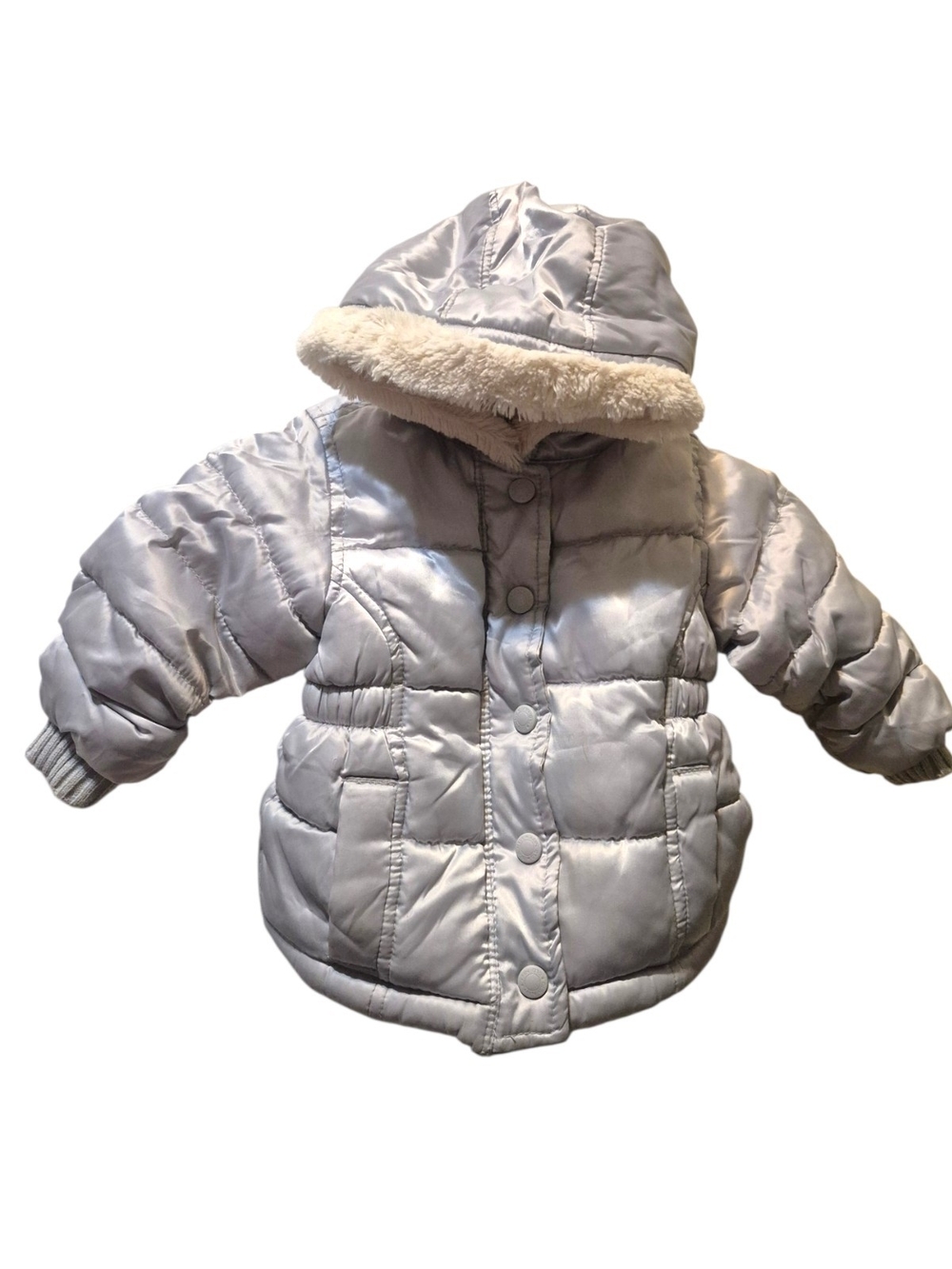 Old Navy Light Gray Girls' Hooded Puffer Jacket with Faux Fur Trim